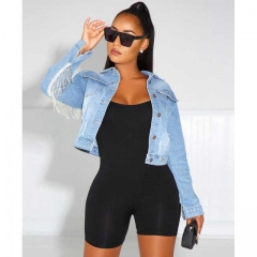 Super cute denim jacket with fringes!